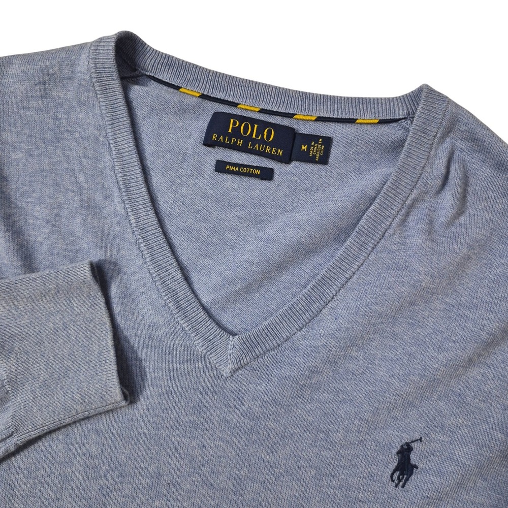 Polo Ralph Lauren Sweater Mens Medium‎ Blue Pima Cotton V-Neck Pony Logo